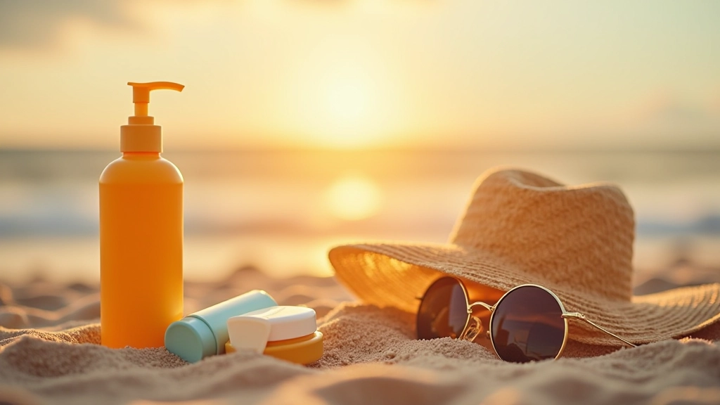 Artículos esenciales para la playa dispuestos en la arena: protector solar, botella de agua, gafas de sol, sombrero
