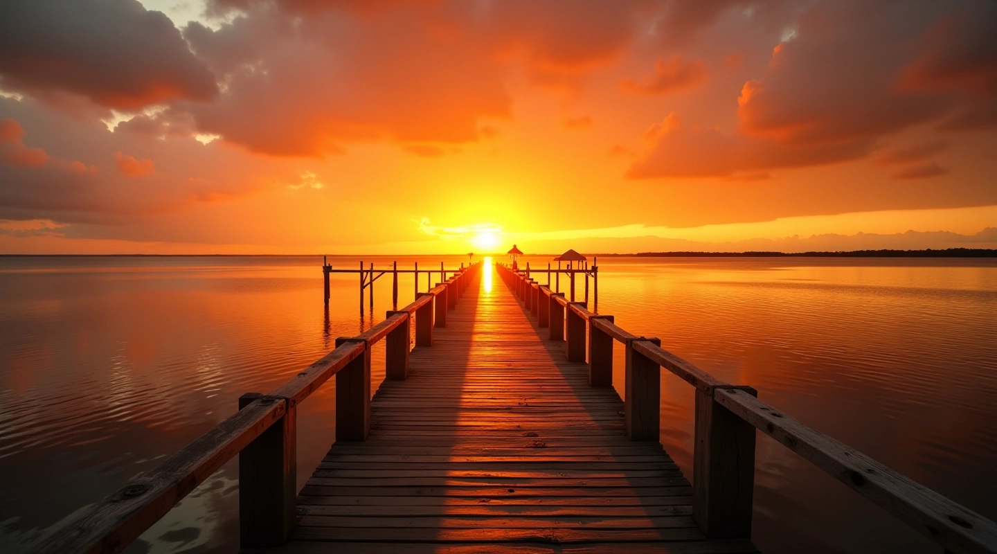 Atardecer dramático sobre el muelle de Boquerón con cielo naranja y dorado reflejado en el agua