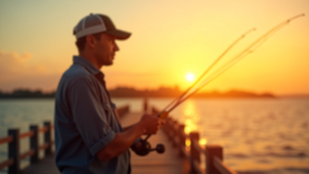 Pescador profesional con caña de pescar en el muelle, técnica de lanzamiento, luz cálida del atardecer
