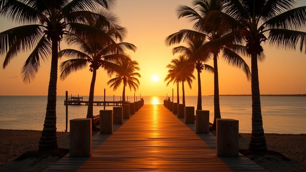 Vista del muelle de Boquerón al atardecer con palmeras en primer plano