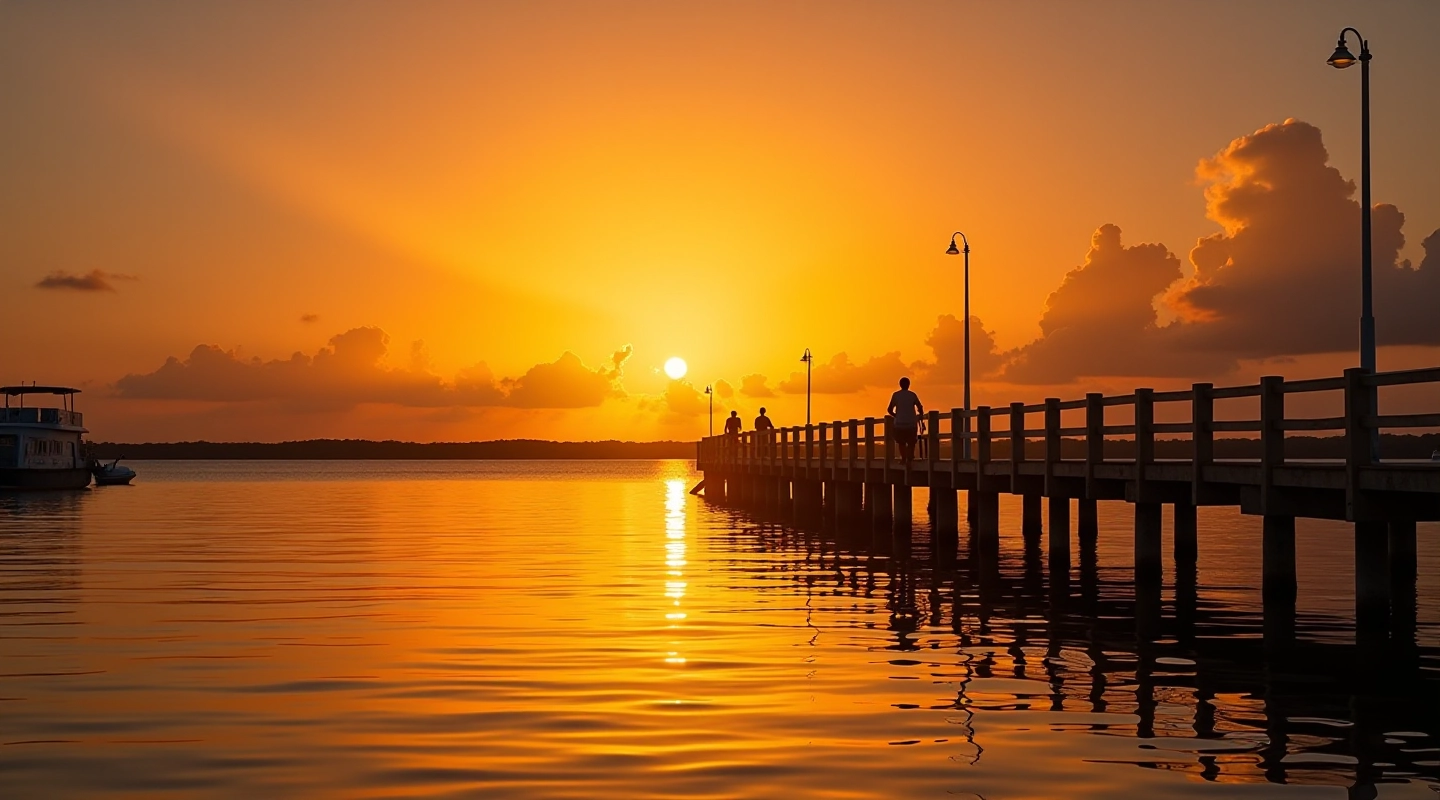 Vista panorámica del atardecer en el muelle de Boquerón con cielo dorado y agua tranquila