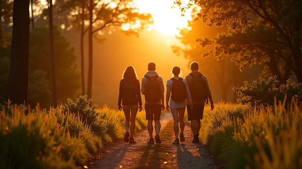 Personas caminando en el sendero al atardecer con vegetación verde y luz dorada