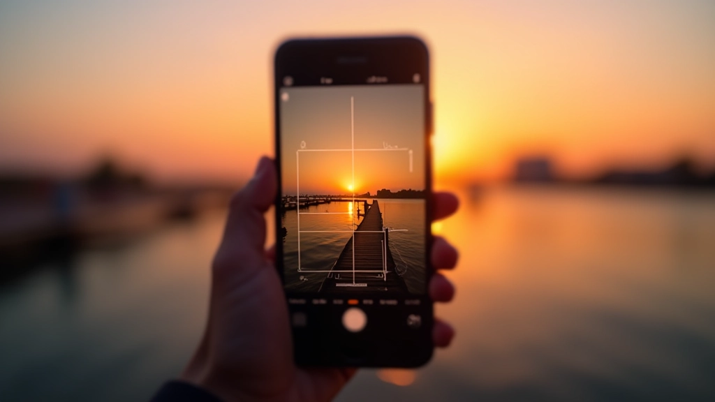 Pantalla de teléfono mostrando la cuadrícula de composición con líneas de tercios activadas para fotografía de atardeceres