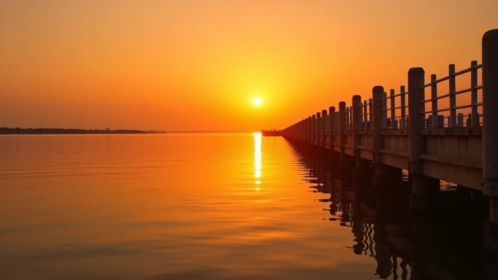 Reflejo del atardecer naranja en aguas tranquilas del delta del río