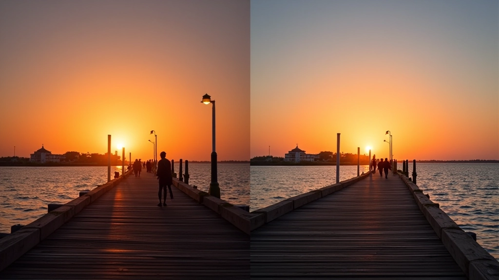 Comparación lado a lado de dos fotos del mismo atardecer, una con HDR activado y otra sin, mostrando la diferencia en calidad